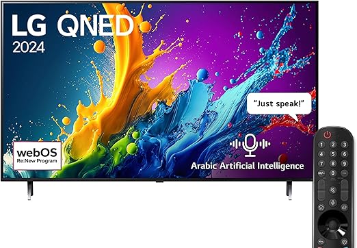 تلفزيون ذكي من ال جي، شاشة QNED موديل QNED80T بمقاس 55 بوصة، بدقة 4K، جهاز تحكم سحري ذكاء اصطناعي، HDR10، نظام تشغيل ويب او اس24-55QNED80T6B (2024)