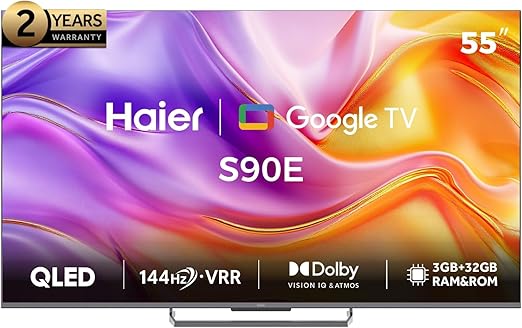 تلفزيون جوجل ذكي H55S90EU من هاير، 55 بوصة، معدل تحديث 144 هرتز للألعاب، تقنيات MEMC/VRR/ALLM، ذاكرة 3 + 32 جيجابايت (RAM/ROM)، التحكم الصوتي بلا يدين، WiFi 6، كروم كاست،HDMI 2.1، تصميم بلا حواف